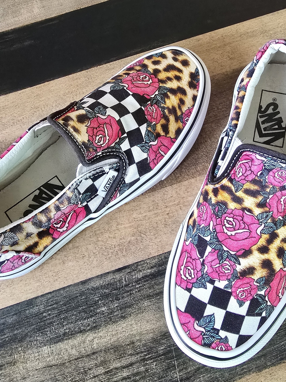 Vans Slip-On in Pink Rose, Black & White Checker with Leopard